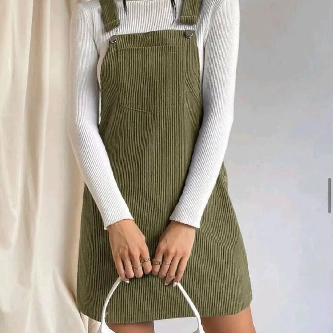 Women's corduroy pinafore dress with button details, size