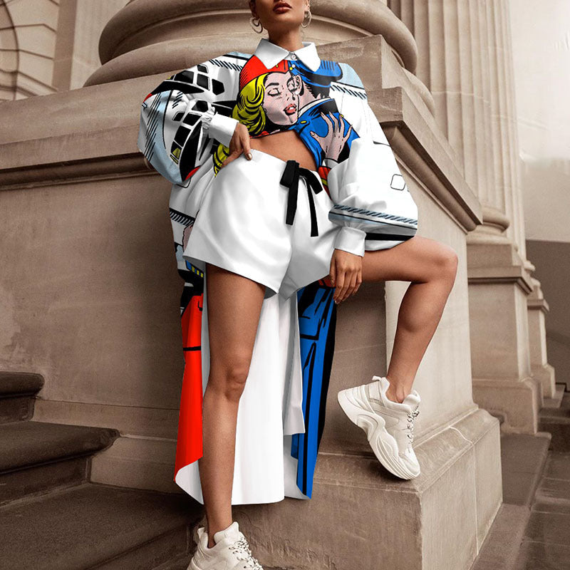 Damen-Oversize-Hemd mit Grafikprint und Shorts-Kombination, Größe S