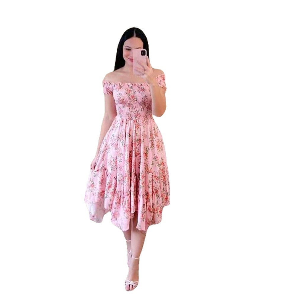 Damen-Sommerkleid, schulterfrei, mit buntem Schmetterlingsmuster und fließenden Falten, Größe S