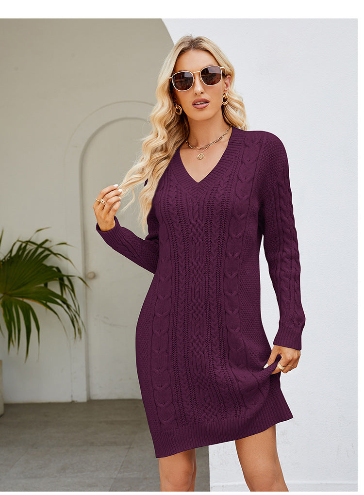 Valenzora | Solid color V-neck twirl knit dress