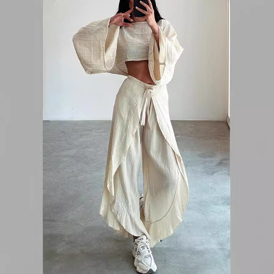 Women's Casual Two-Piece Set with Oversized Top and Wide-Leg Trousers, Size