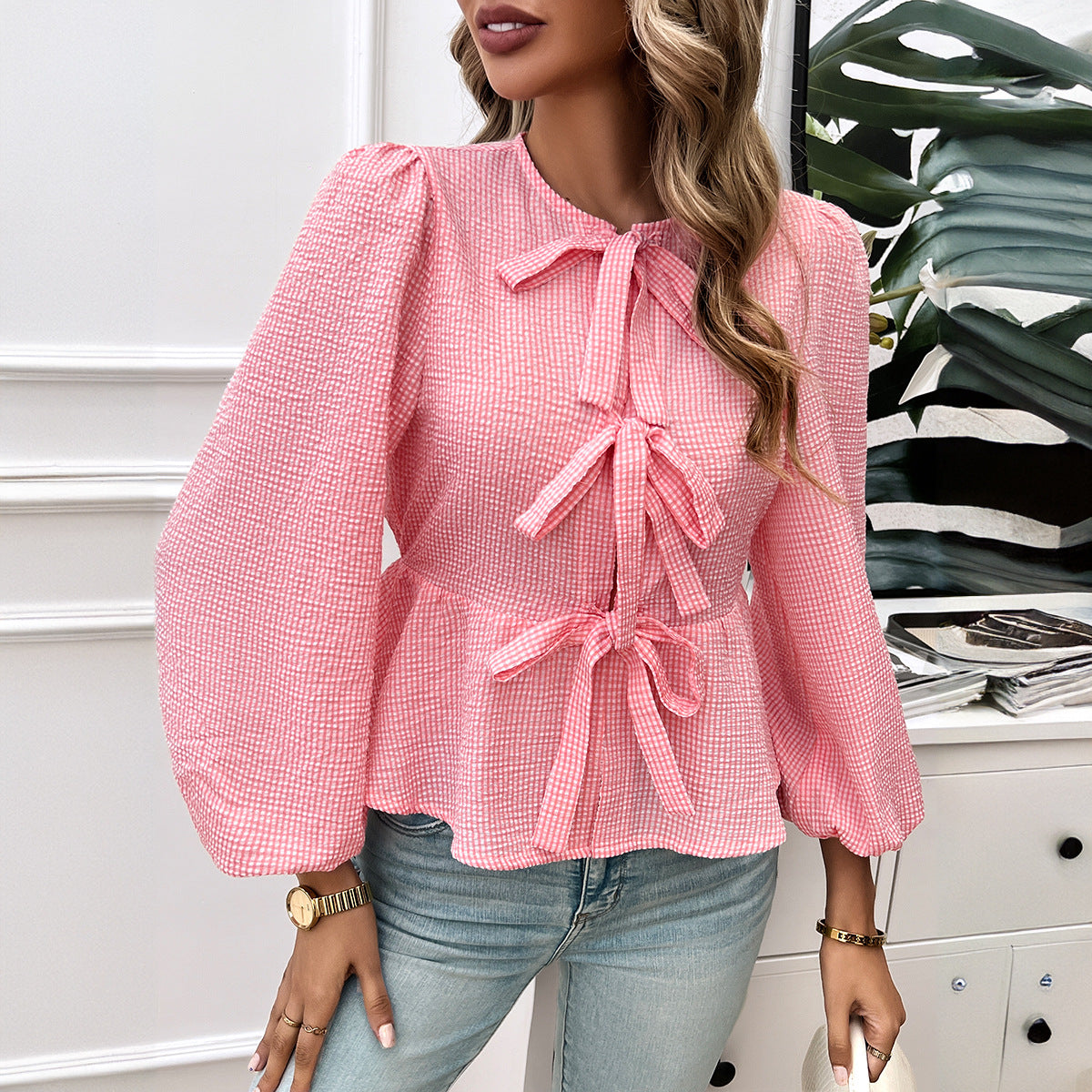 Women's blouse with decorative ribbons and flounced sleeves, size