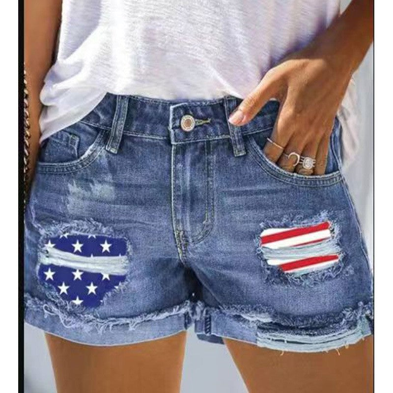 Women's denim shorts with creative flag appliqués and a casual distressed design, size Valenzora
