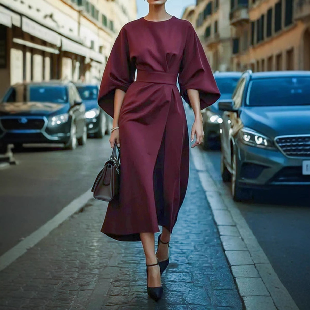 Women's elegant maxi dress with puff sleeves and a tailored cut, size [size missing]