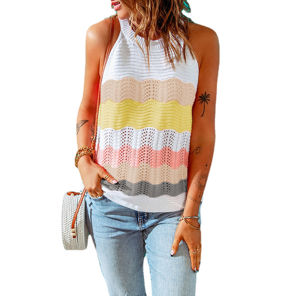 Women's casual knit top with a creative wave pattern and airy fit, size