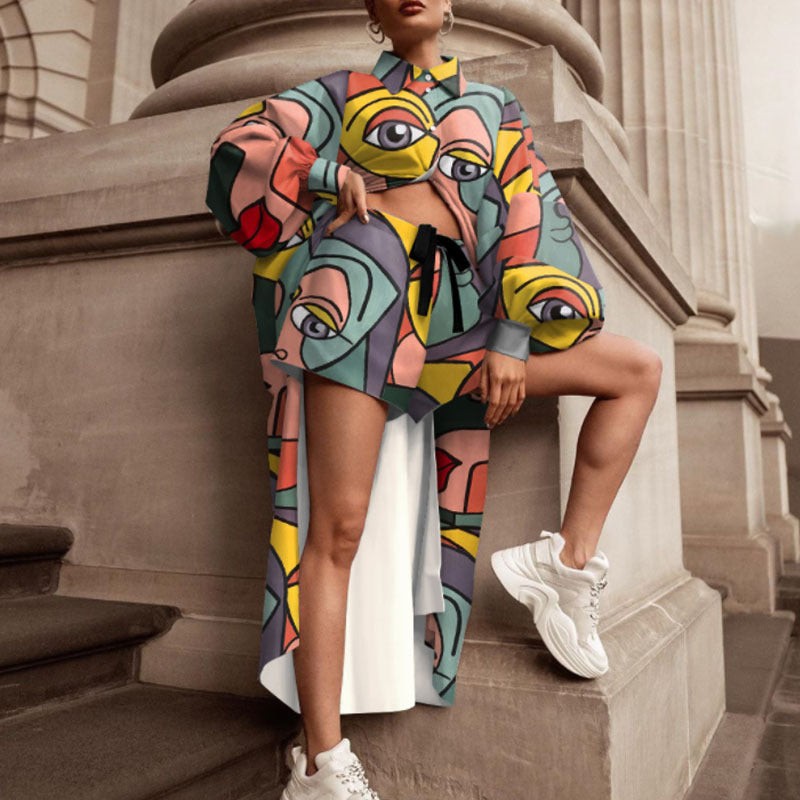 Damen-Oversize-Hemd mit Grafikprint und Shorts-Kombination, Größe S