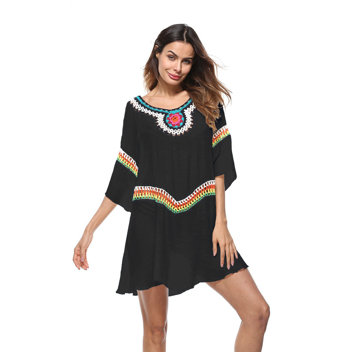 Women's beach tunic with colorful embroidery and wide sleeves, size S