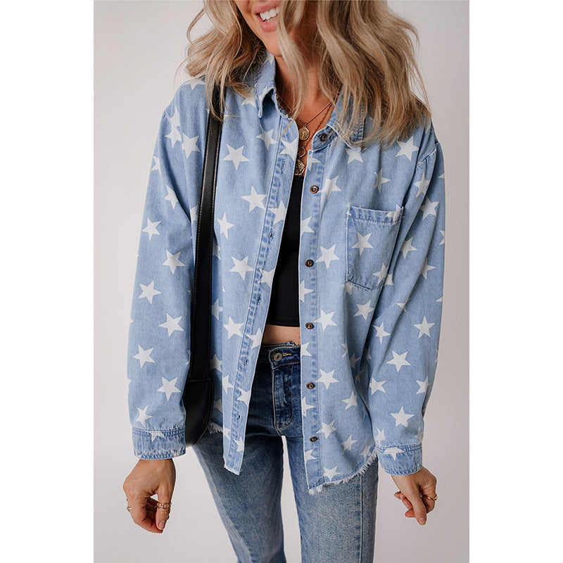 Women's denim shirt with star pattern and practical chest pocket, size