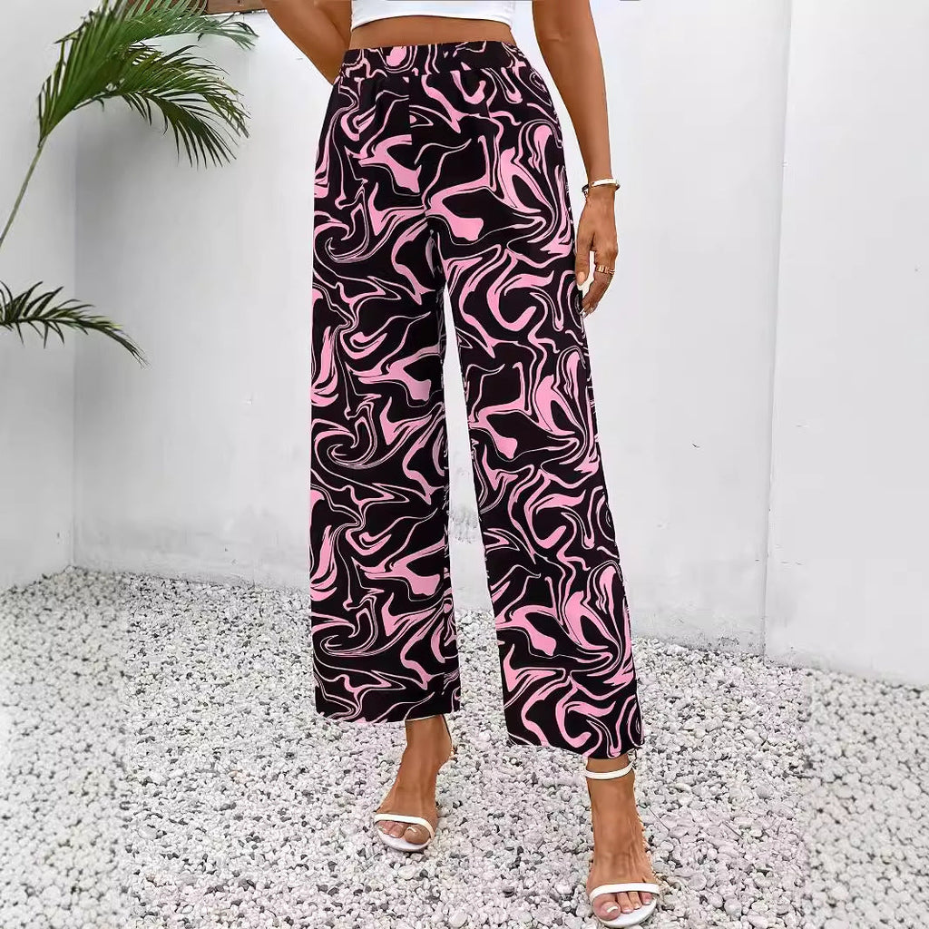 Damen-Palazzohose mit weitem Bein, modernem Marmordruck und elastischem Bund, Größe S