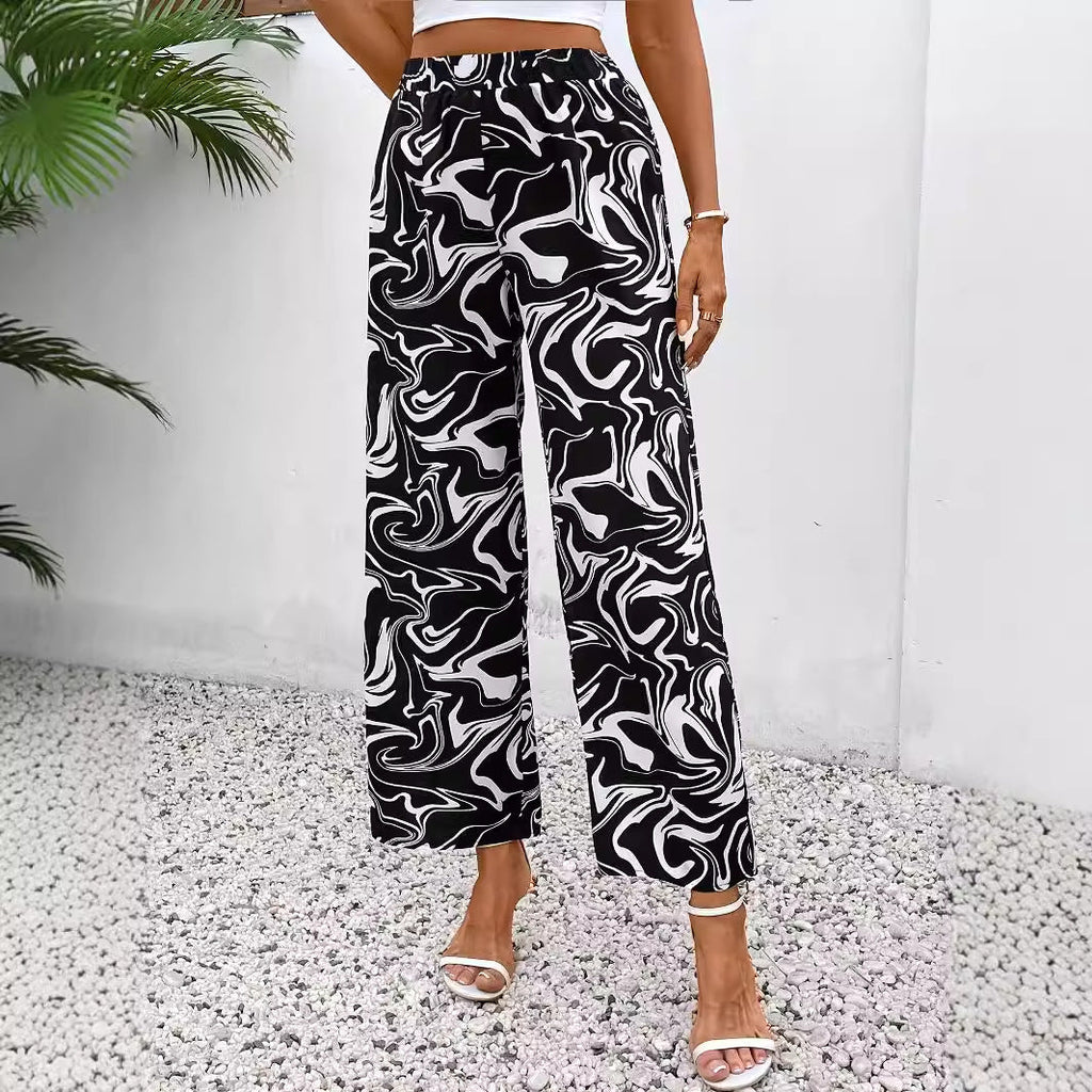 Damen-Palazzohose mit weitem Bein, modernem Marmordruck und elastischem Bund, Größe S