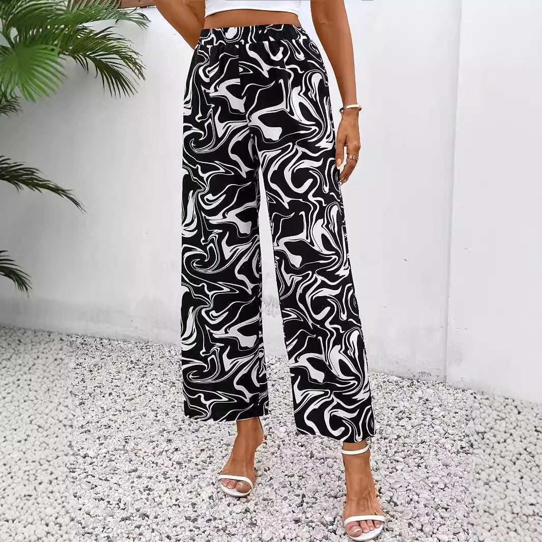 Damen-Palazzohose mit weitem Bein, modernem Marmordruck und elastischem Bund, Größe S