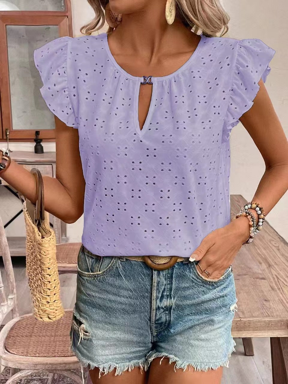 Damenbluse mit Rüschendetails und Lochstickerei, Größe