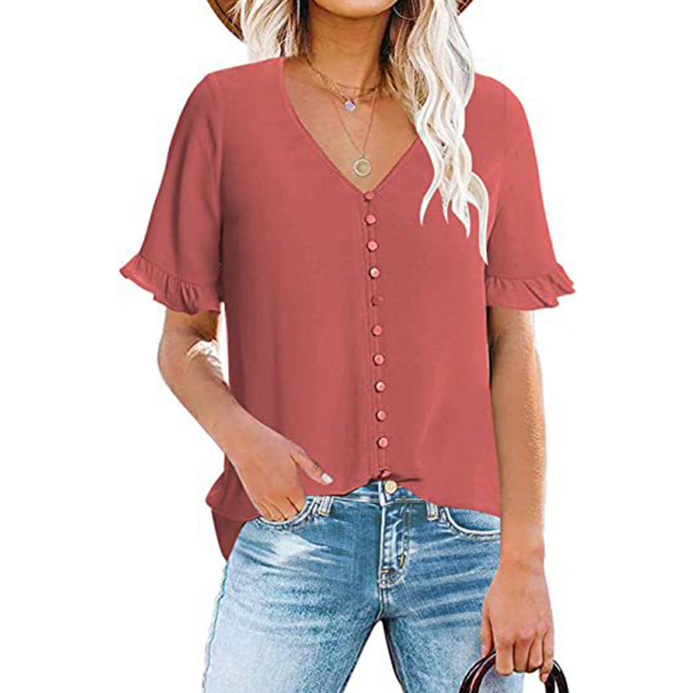 Women's blouse with ruffle details and button placket, size