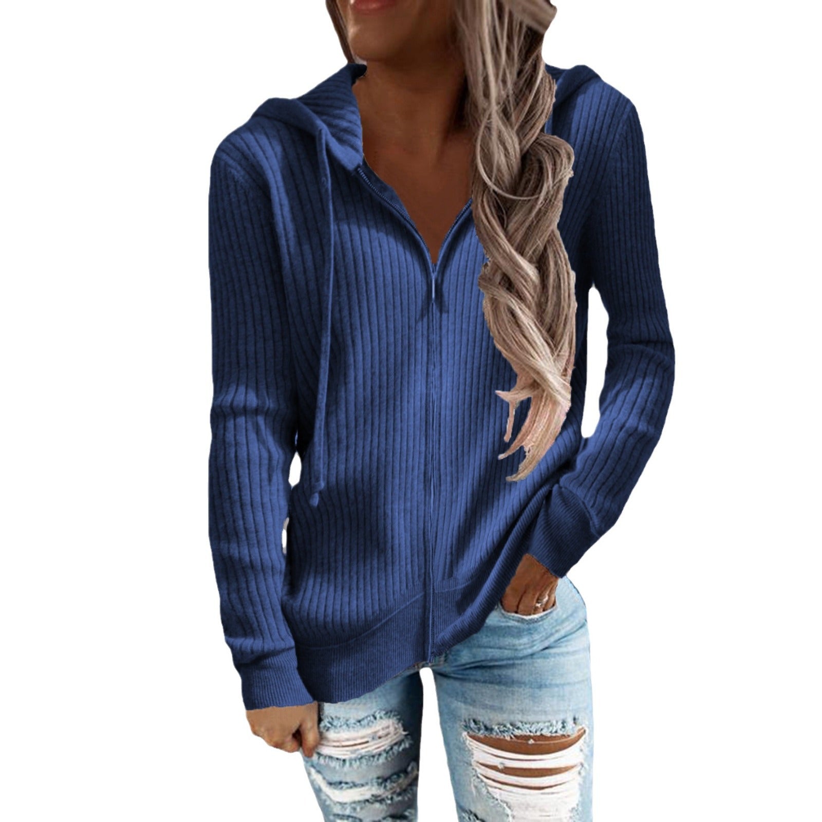 Women's hooded jacket with ribbed texture and practical pockets, size