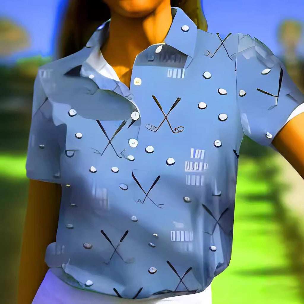 Women's short-sleeved shirt with a fashionable golf print and comfortable cut, size S