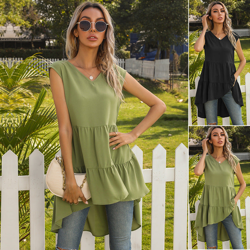 Women's Sleeveless Tunic Dress with Asymmetrical Hem and Chic Ruffle Drune