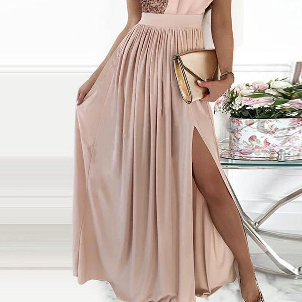 Elegantes Damenabendkleid mit asymmetrischem Oberteil und schimmerndem Rock, Größe