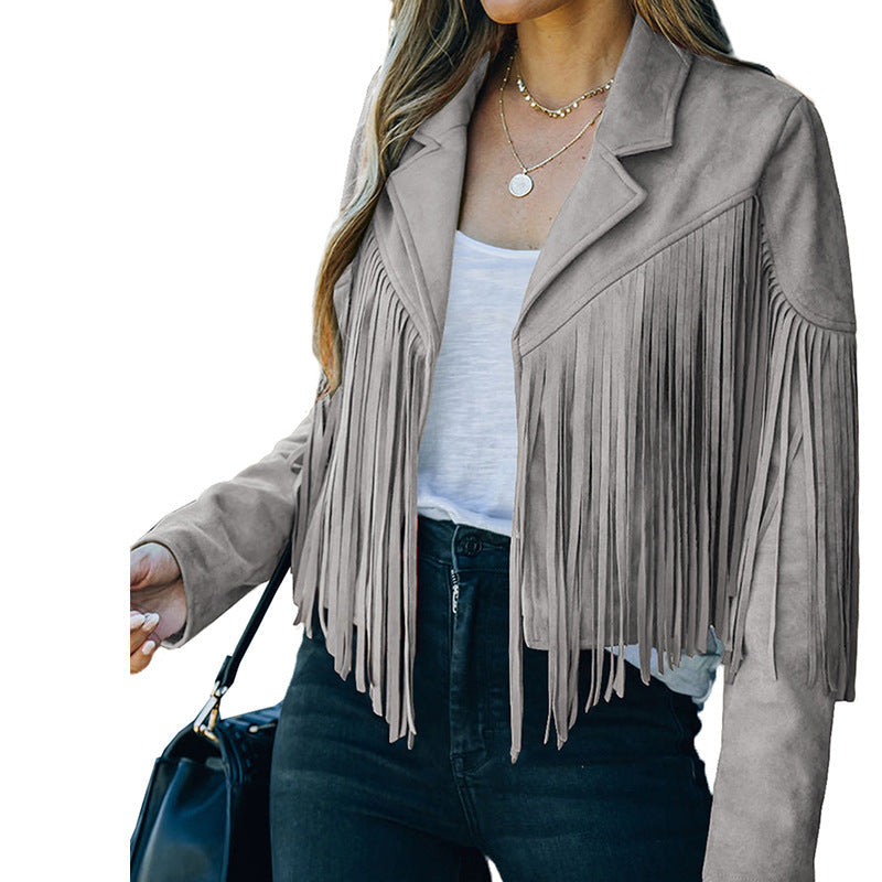 Women's fringed jacket made of high-quality suede blend, size Valenzora