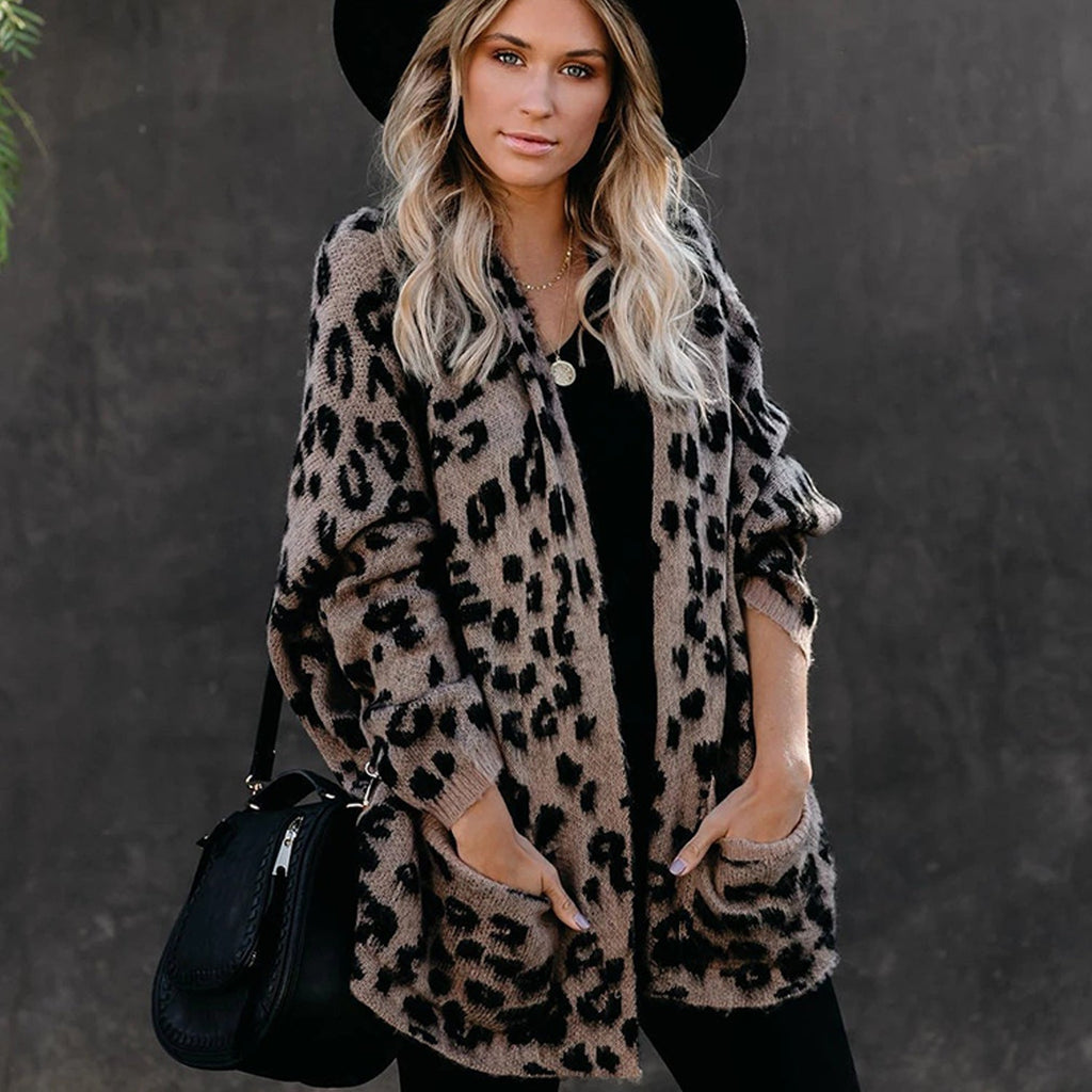 Damen Strickmantel mit Leopardenmuster, lässigem Schnitt und Taschen, Größe S