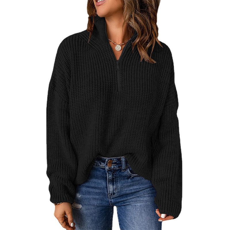 Women's chunky knit sweater with stand-up collar and zipper, size
