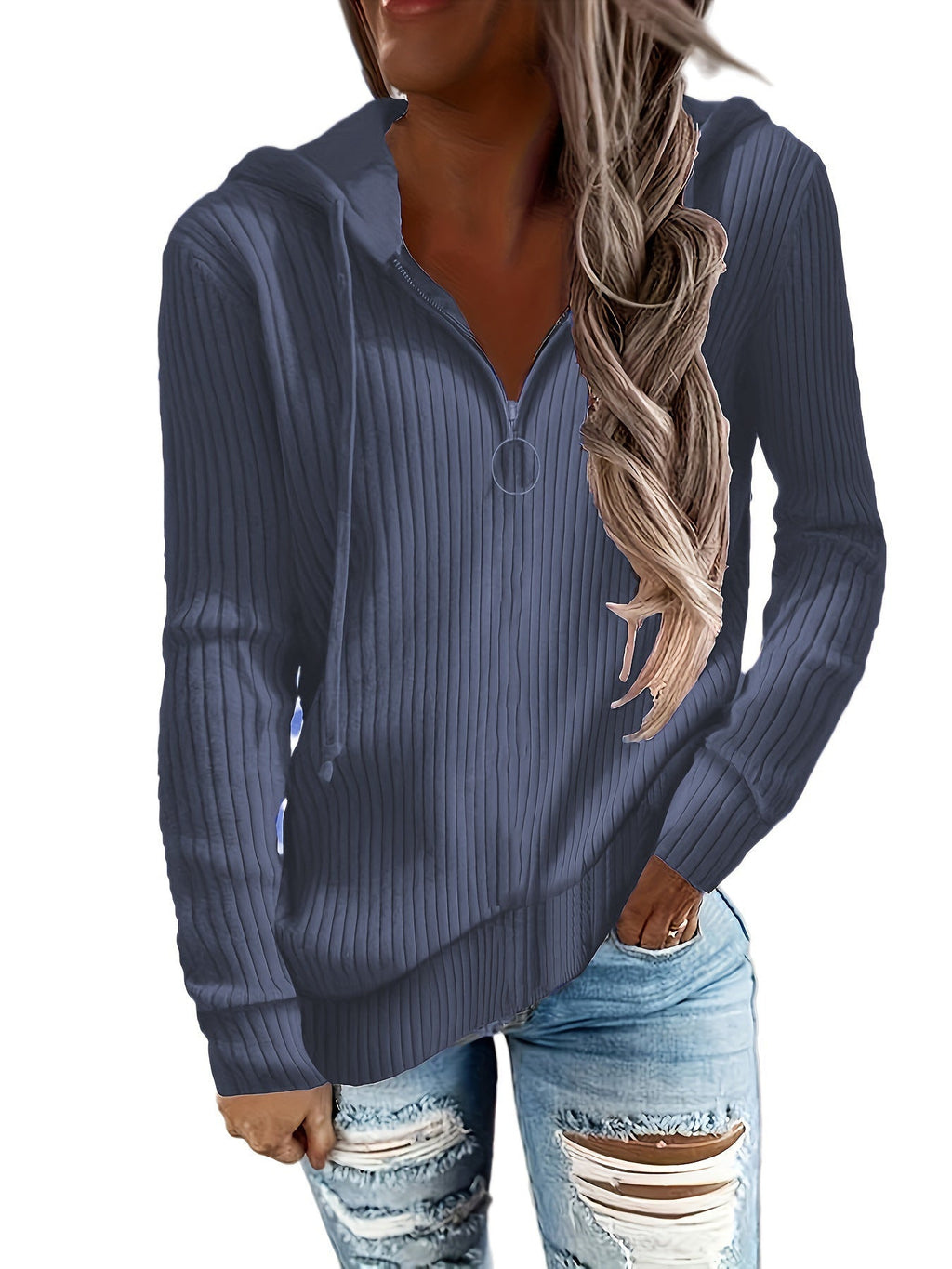 Damen-Kapuzen-Sweatshirt in elegantem Rippstrickdesign mit praktischem Reißverschluss, Größe [Größenangabe fehlt]