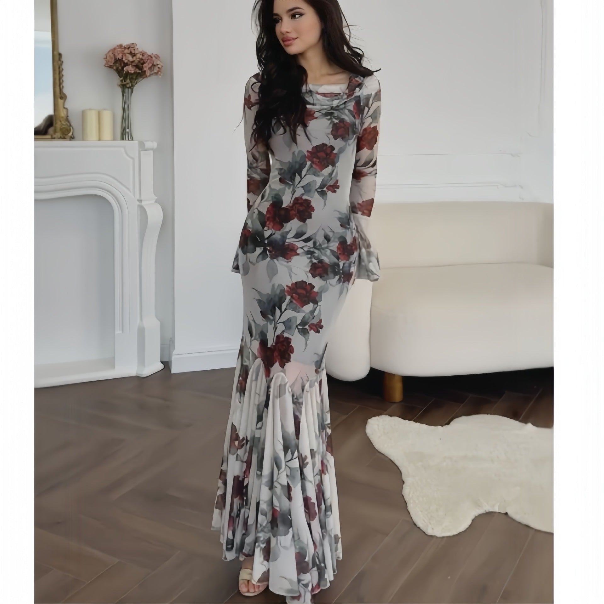 Valenzora | Floral Pattern Long Sleeve Long Skirt Dress