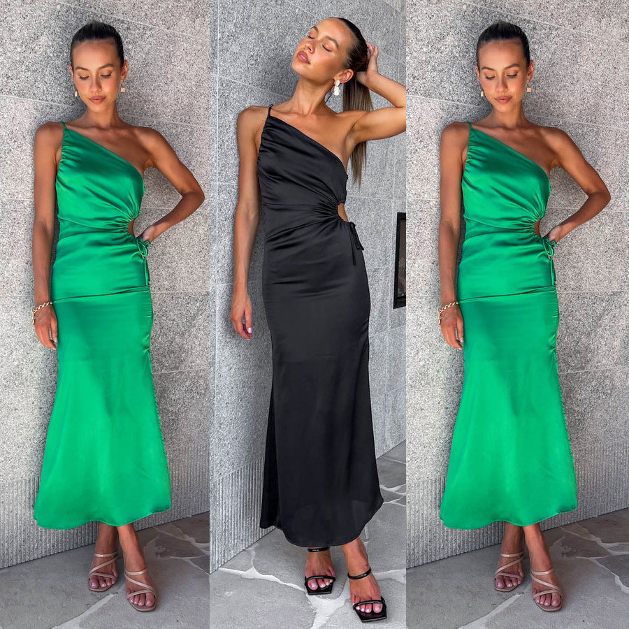 Women's asymmetrical cocktail dress with elegant side slit and embellished waist, size [size missing]