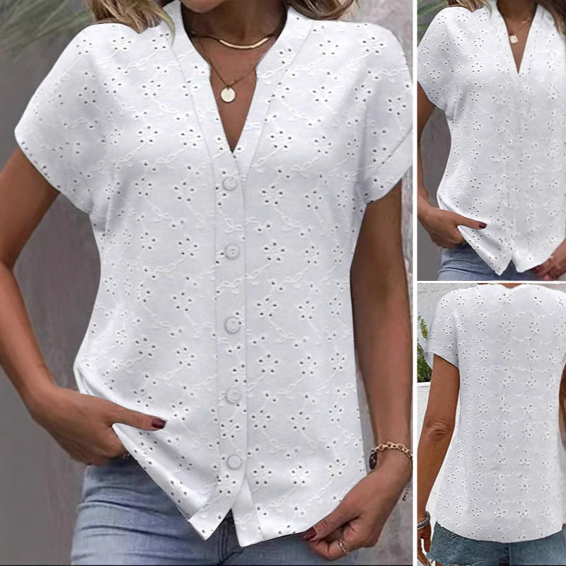 Women's airy blouse with floral eyelet embroidery and full button placket, size S