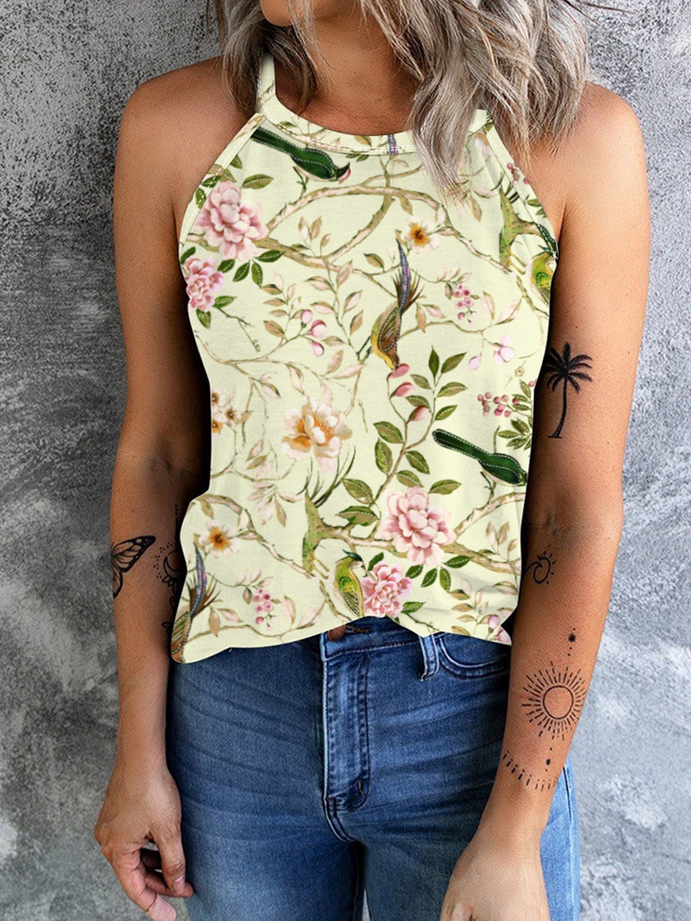 Valenzora | Vintage Floral Plant Pattern Slim Fit Tank Top