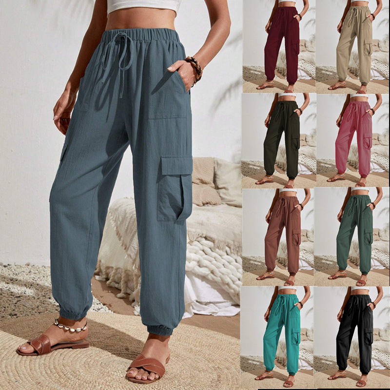Women's cargo trousers with elasticated waistband and practical side pockets, size S