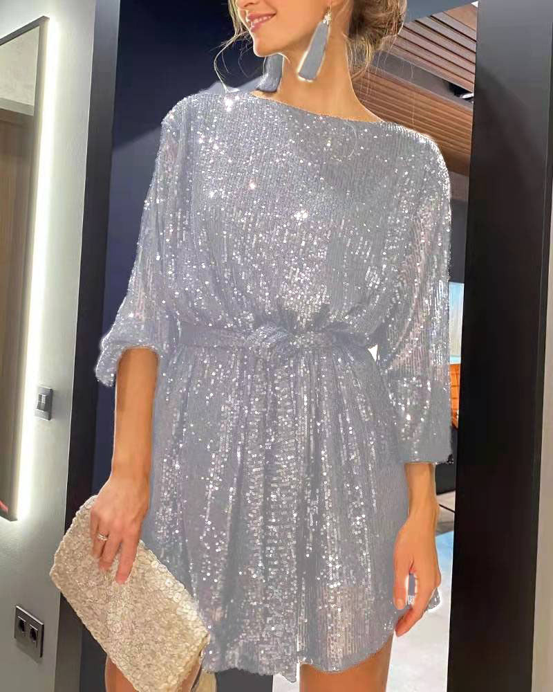 Valenzora | Holiday party wear sequined waist belt dress