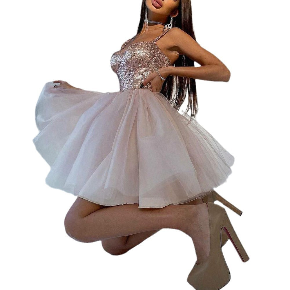 Women's cocktail dress with glittering top and voluminous tulle skirt, size