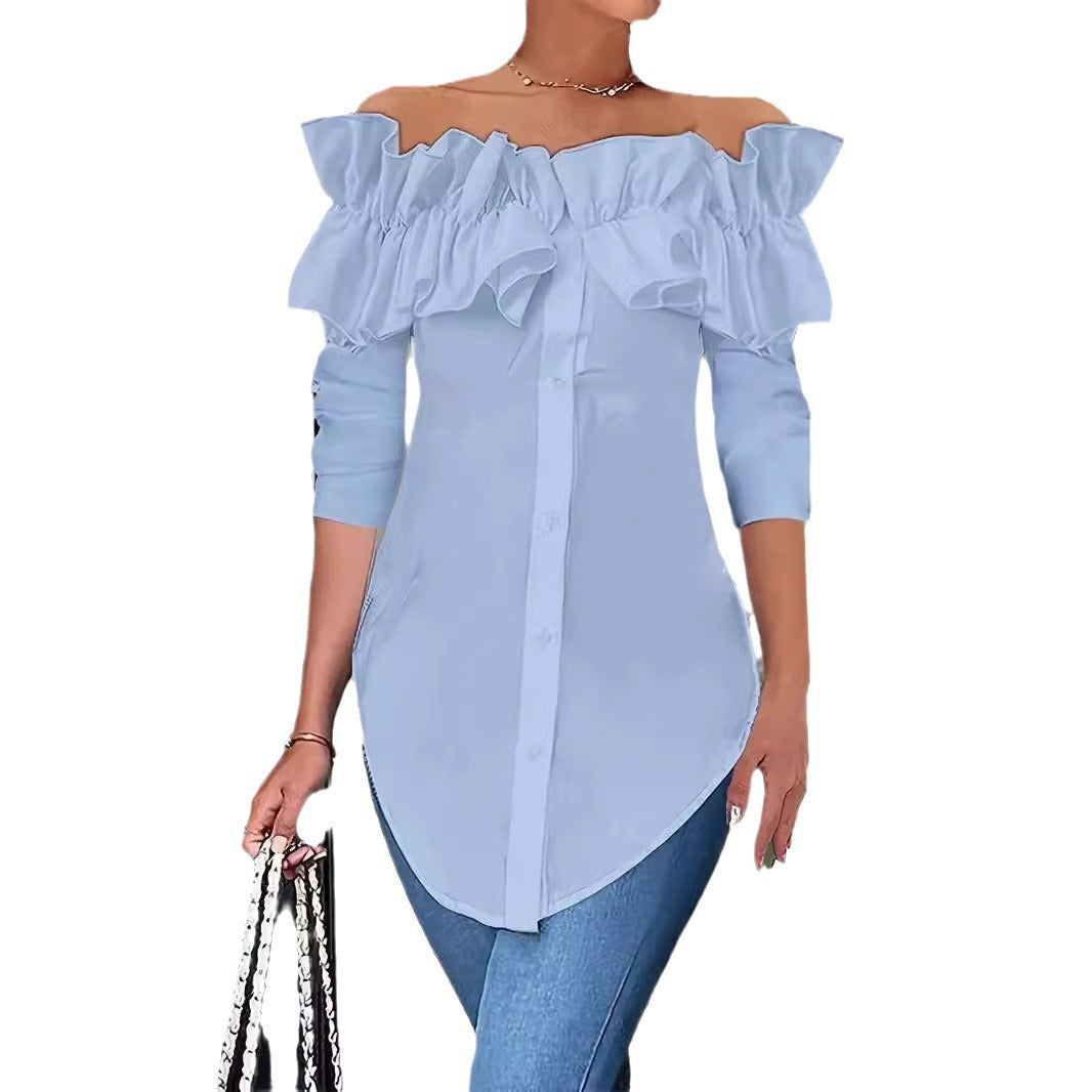 Damenbluse mit schulterfreiem Design und voluminösen Rüschendetails, Größe [Größe fehlt]