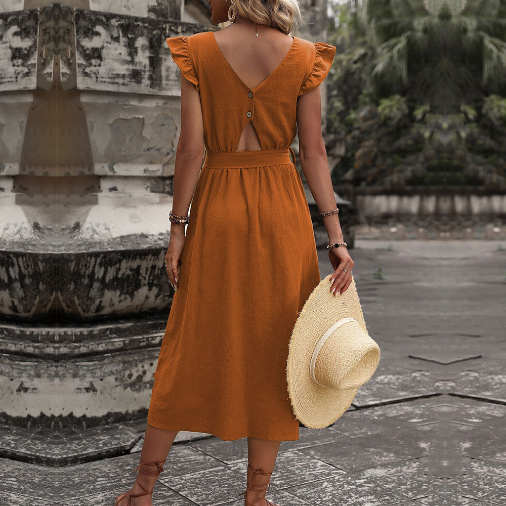 Women's midi dress with ruffle details and fitted tie belt, size