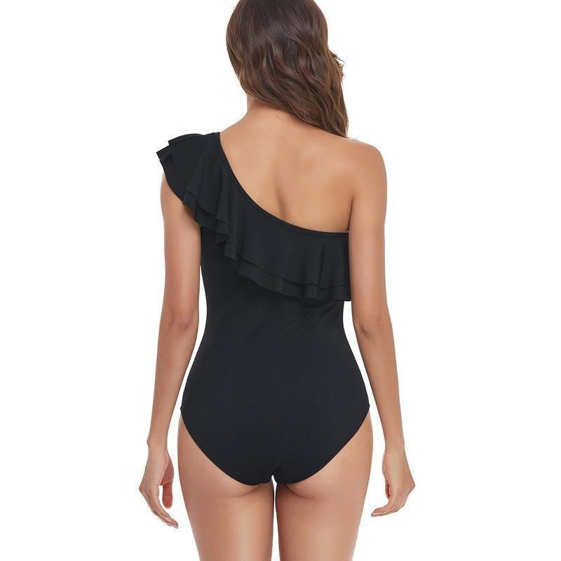 Women's one-piece swimsuit with asymmetrical cut and voluminous ruffle detail, size [size]