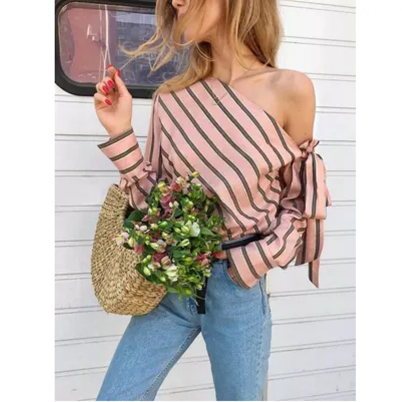 Women's asymmetrical blouse with stripes and playful ties, size
