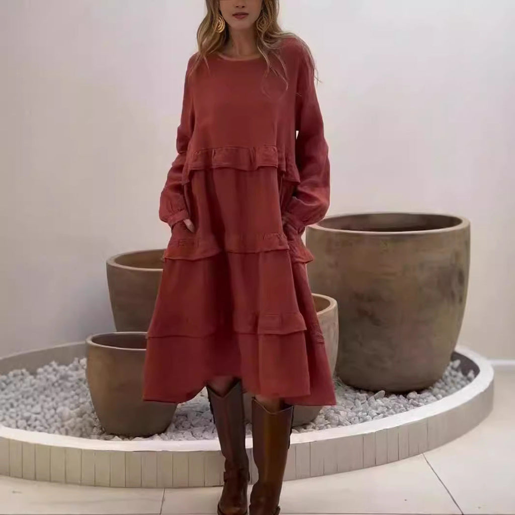 Valenzora | Ruffled round neck long-sleeved dress