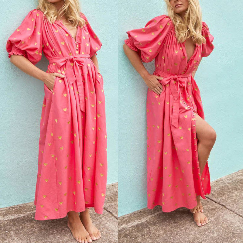 Damen-Sommerkleid mit Puffärmeln und Golddetails, Größe