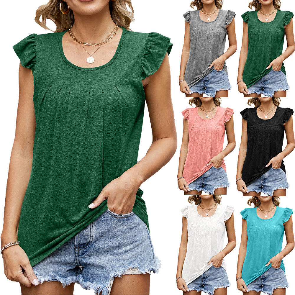 Women's sleeveless blouse with decorative ruffle details, size [size]