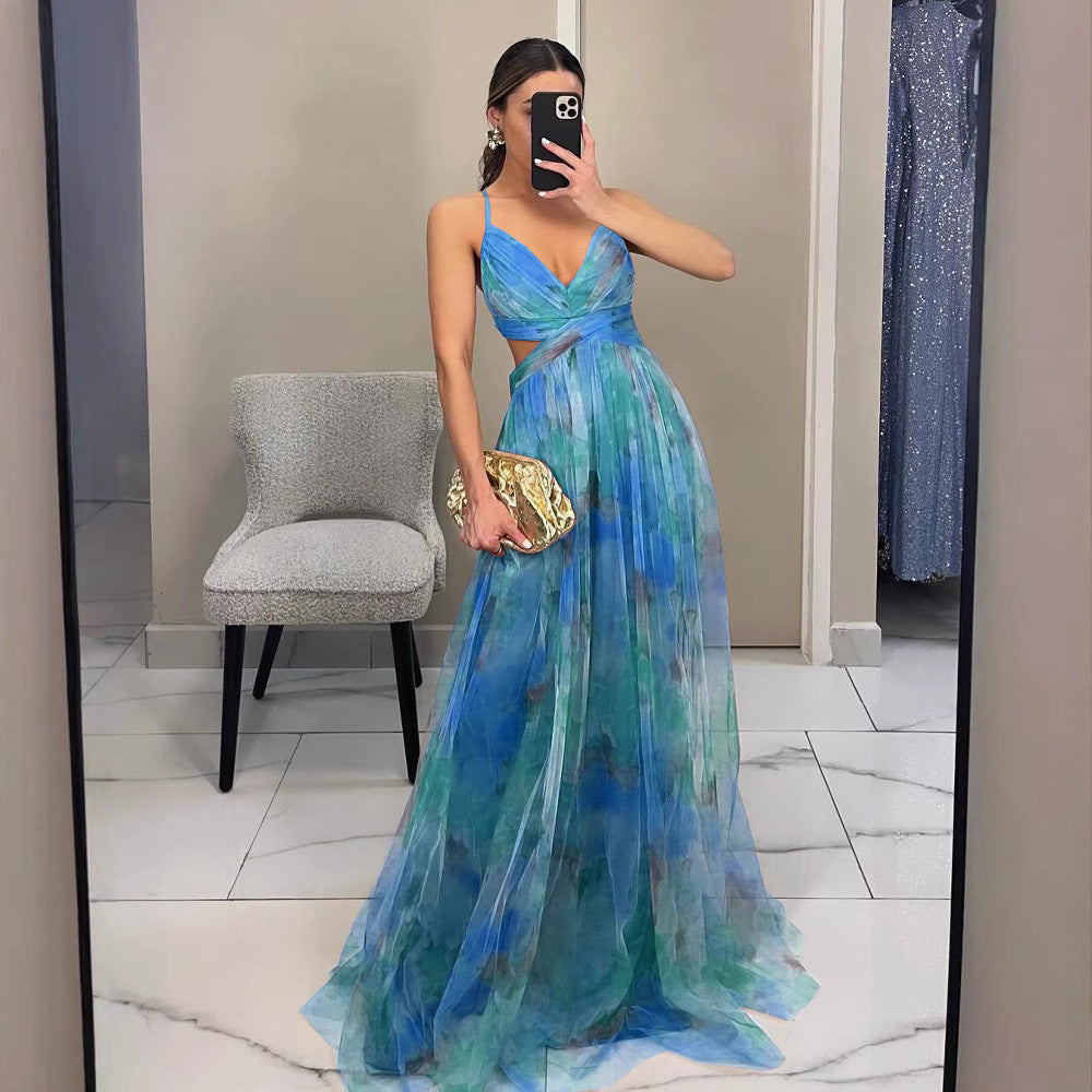 Valenzora | Wunderschönes langes Kleid aus bedrucktem Tüll mit floralem U-Boot-Ausschnitt, geschlitzter Seite, ärmellos, elegant, Vintage, Abendkleid für Damen