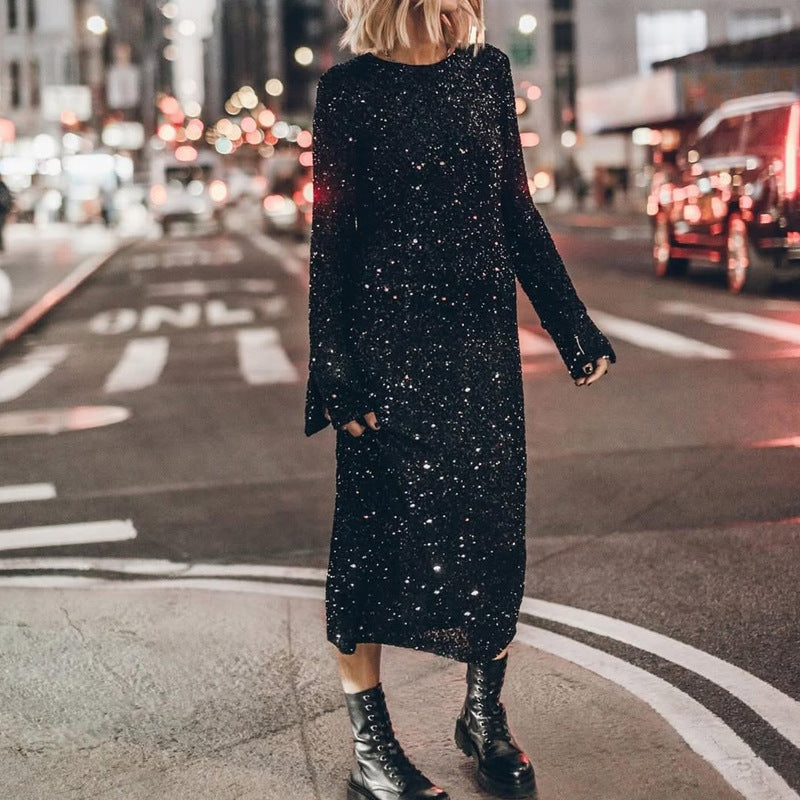 Women's glittery midi dress with an elegant round neckline and figure-flattering cut, size [size]