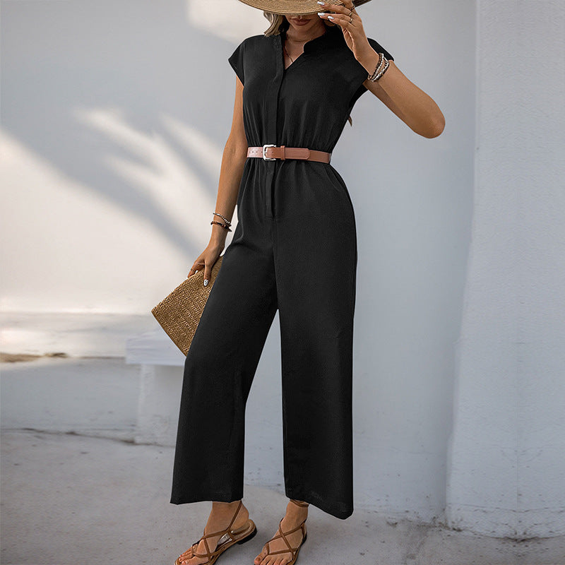 Damen-Jumpsuit mit elegantem Taillengürtel und modernem V-Ausschnitt, Größe