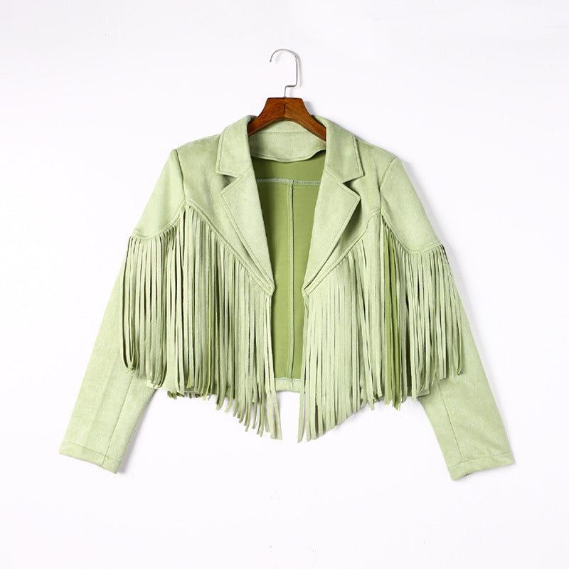 Women's fringed jacket made of high-quality suede blend, size Valenzora