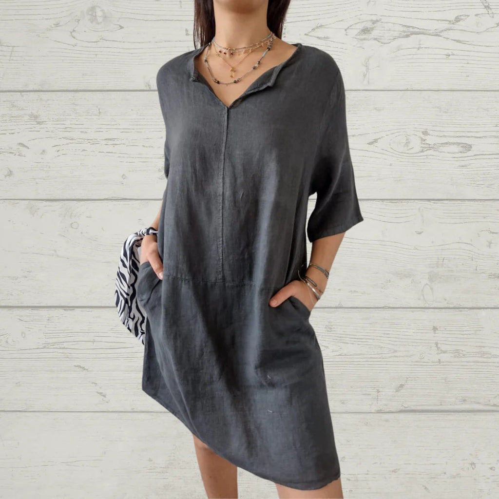 Damen-Leinenkleid mit Knopfleiste vorne und Seitentaschen, Größe