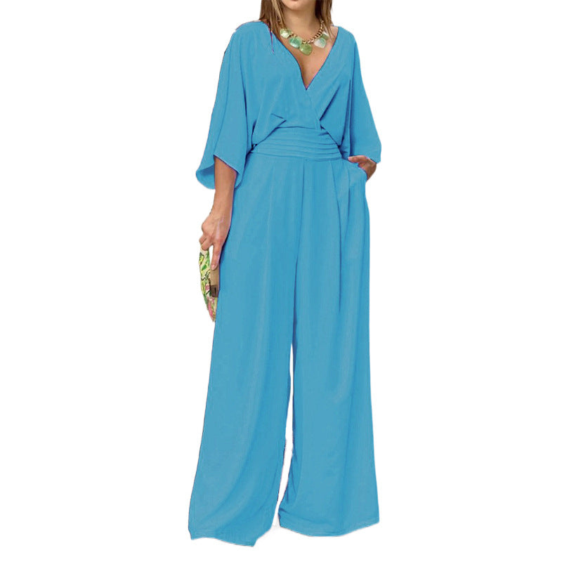 Eleganter Damen-Overall mit weitem Bein und Wickeloberteil, Größe