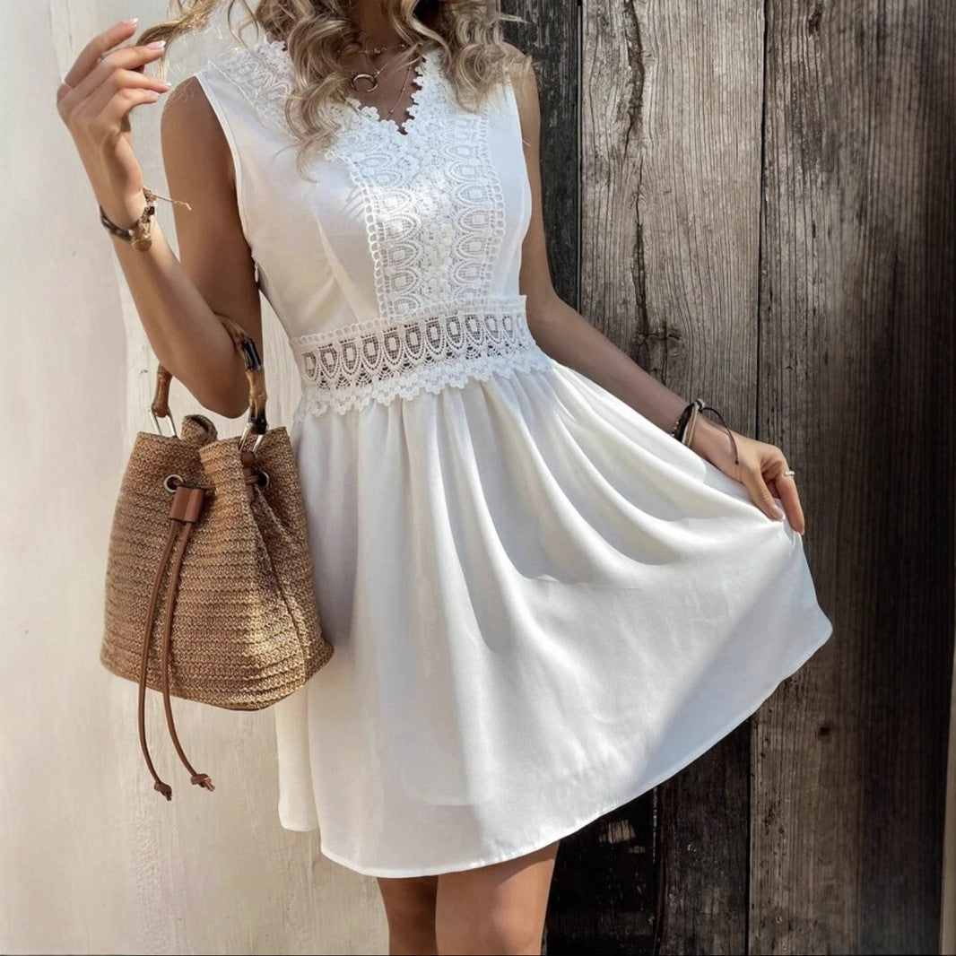 Valenzora | Lace V-neck Sleeveless Holiday Splicing Vest Dress