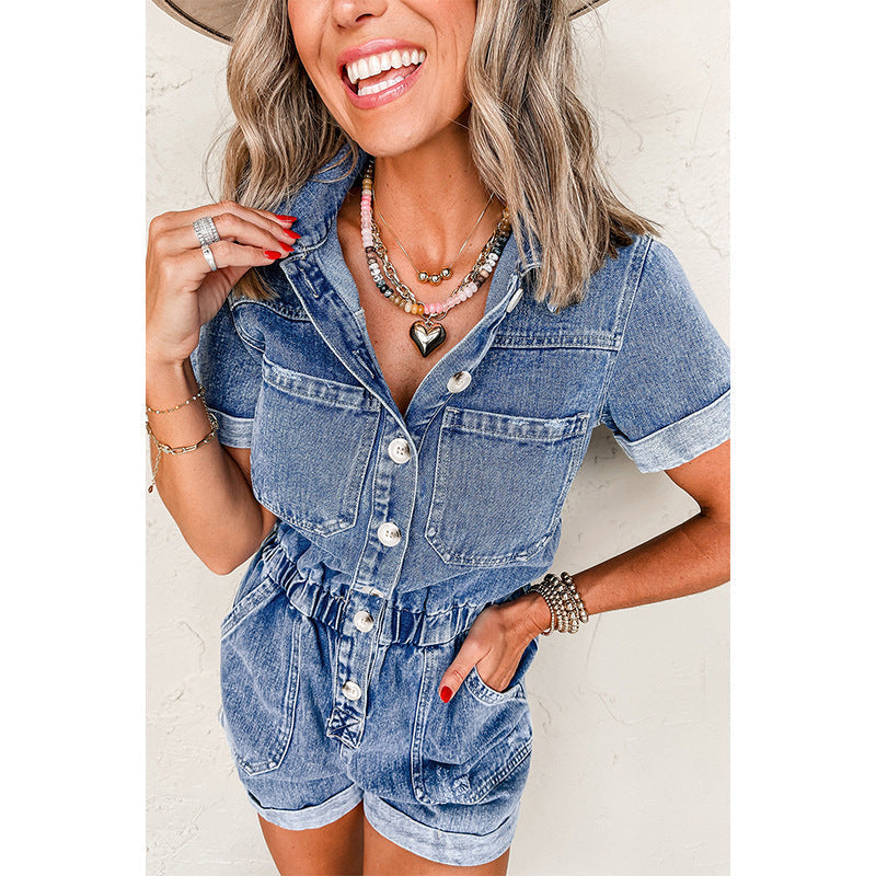 Women's denim jumpsuit with a tailored fit and functional pockets, size S