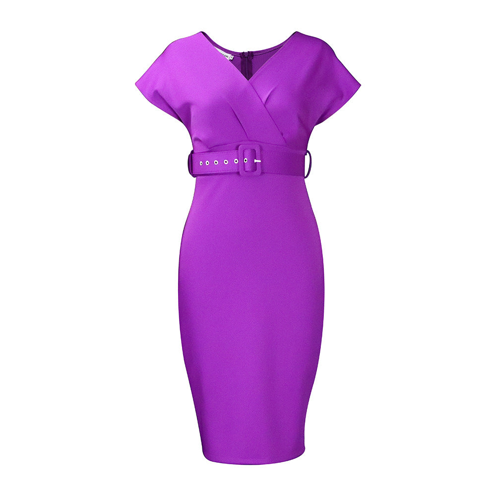 Valenzora | Women's V-neck fitted midi dress with belt