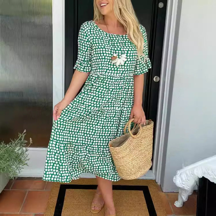 Valenzora | Summer Round Neck Printed Short Sleeve Dress