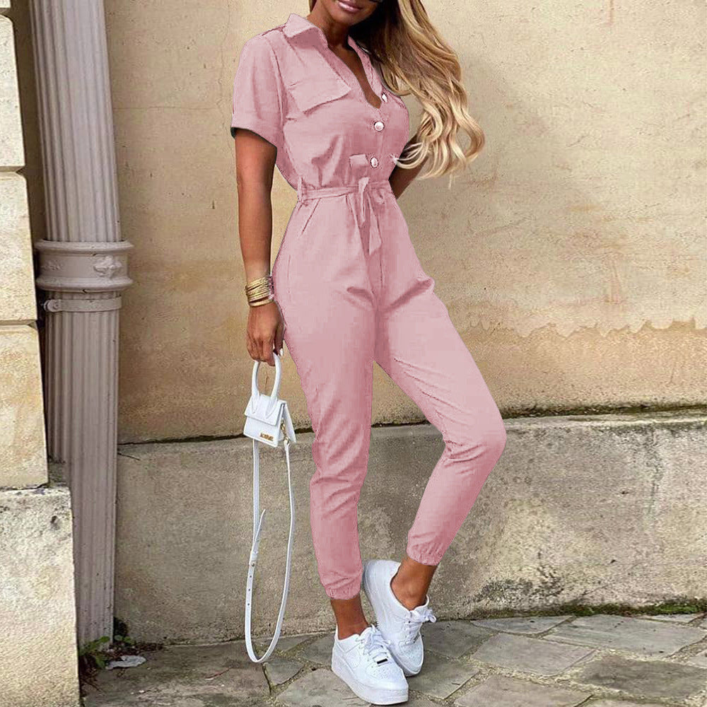 Damen-Kurzoverall figurbetont mit Knopfleiste und verstellbarem Gürtel, Größe S